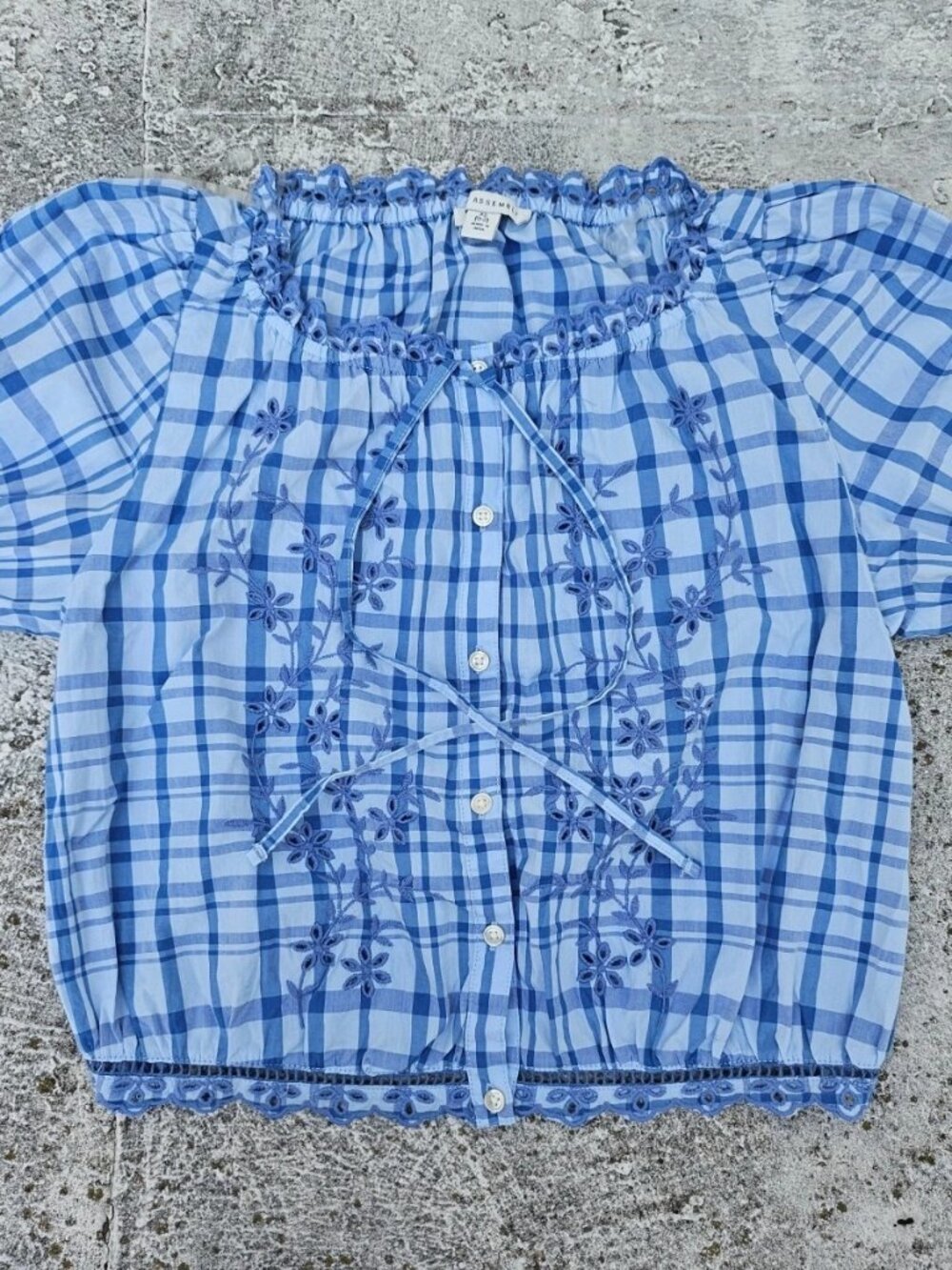 Free Assembly Women Top Blouse Short Sleeve Blue Cotton Shirt Size XS 0-2 NWT